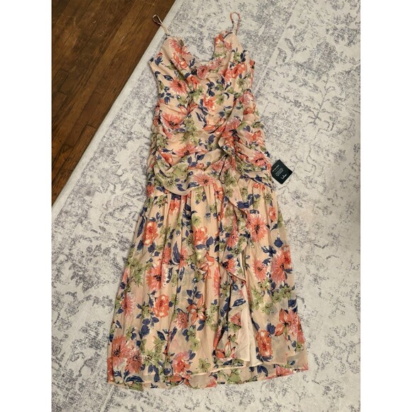 Lulus Stunning Soiree Blush Pink Floral Print Ruched Midi Dress Size Large NWT - Picture 2 of 9